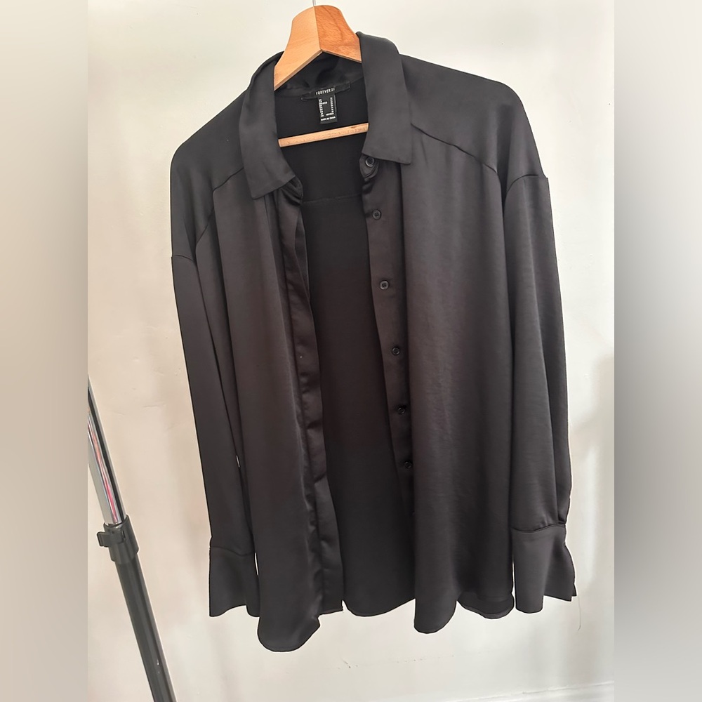 Forever 21 Oversized Black Satin Button-Up Shirt